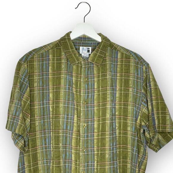 MI Modern Images Green Plaid Silk Blend Short Sleeve Button Up Men’s Size Large - Picture 3 of 9